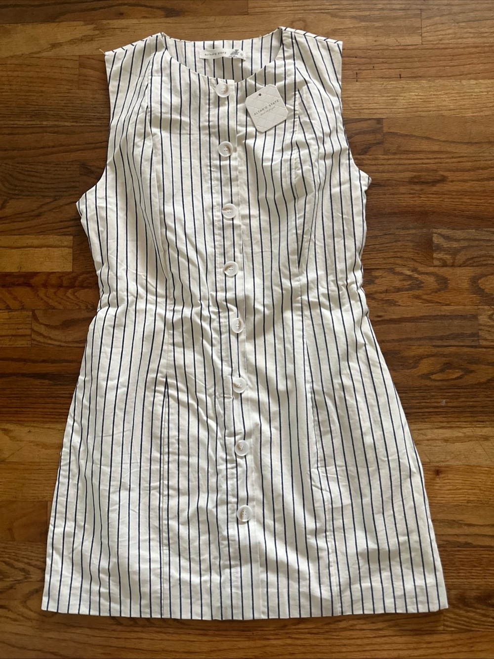 Altard State Cream Size Large Navy Blue Striped Sheath Linen Dress NWT